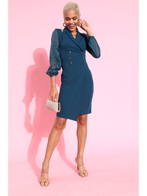 Buy Miss Chase Women's Teal Shawl Collar Bishop Sleeves Knee Length Blazer Dress Online Buy Miss Chase Women's Teal Shawl Collar Bishop Sleeves Knee Length Blazer Dress Online
