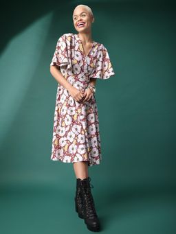PURVAJA - Brown Floral Printed Fit Flare Dress