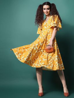 PURVAJA - Yellow Floral Printed Fit Flare Dress