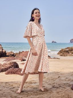 PURVAJA - Beige Floral Printed Fit Flare Dress