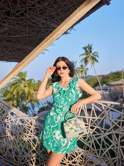 PURVAJA - Green Floral Printed A-Line Dress