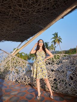 PURVAJA - Yellow Printed Fit Flare Dress