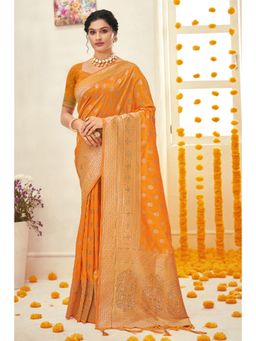 Sangam Prints - Mustard Silk Woven Zari Work Traditional Tassel Saree with Unstitched Blouse