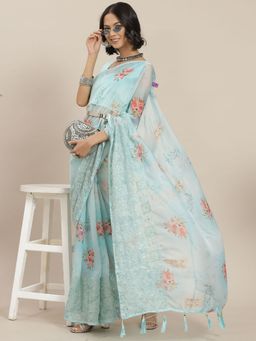 Odette - Blue Designer Silk Blend Embroidered Saree with Unstitched Blouse