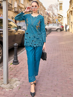 Autumnlane - Teal Cotton Blend Embroidered Top with Pant (Set of 2)