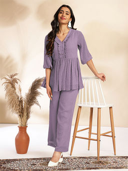 Janasya - Lavender Chiffon Solid/Plain Top with Pant (Set of 2)