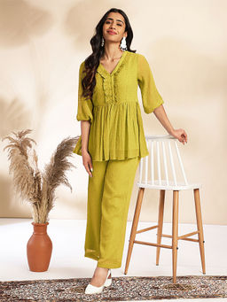 Janasya - Mustard Chiffon Self Design Top with Pant (Set of 2)