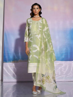 Autumnlane - Green Cotton Embroidered Kurta with Pant and Dupatta (Set of 3)