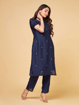 SAAKI - Navy Blue Silk Blend Embroidered Kurta with Pant (Set of 2)