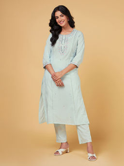 SAAKI - Green Cotton Blend Embroidered Kurta with Pant (Set of 2)