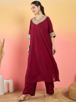 Varanga - Maroon Zari Embroidered Lace Neck Kurta and Pant