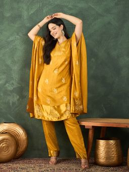 Varanga - Mustard Women Kaftan with Straight Fit Solid Ankle Length Pant