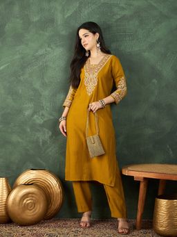 Varanga - Mustard Kurta with Embroidered Yoke and Pant