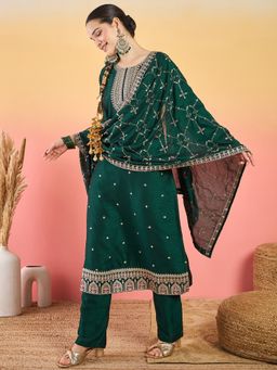 Varanga - Green Vichitra Embellished Round Neck Kurta with Pant and Dupatta