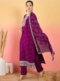 Varanga - Burgundy Vichitra Embellished Round Neck Kurta with Pant and Dupatta