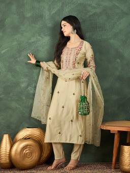 Varanga - Beige Embroidery Yoke Kurta Pant and Embroidered Dupatta