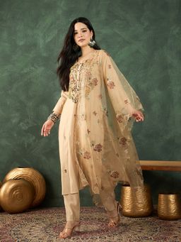 Varanga - Beige Embroidery Yoke Kurta Pant and Embroidered Dupatta