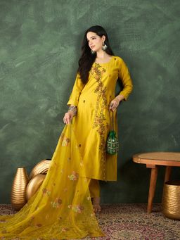 Varanga - Mustard Hand Embroidered Kurta with Pant and Dupatta
