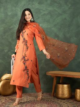Varanga - Rust Hand Embroidered Kurta with Pant and Dupatta