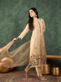 Varanga - Beige Embroidery Kurta with Pant and Embroidered Dupatta