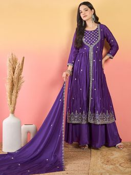 Varanga - Purple Zari Embroidered Yoke Kurta with Palazzo and Dupatta