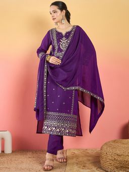 Varanga - Purple Kurta with Zari Embroidered Yoke with Pant and Dupatta
