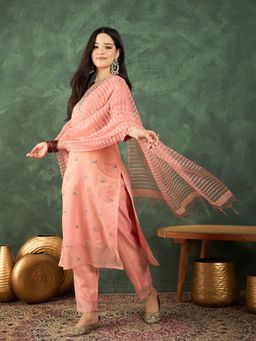 Varanga - Peach Zari Yoke Embroidery Kurta with Pant and Dupatta