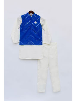 Fayon Kids - Blue Mirror Embroidery Jacket with Cotton Silk Kurta and Pant (Set of 3)