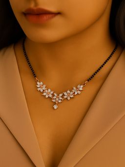 I Jewels - Traditional Single Line Pendant With Black Bead Chain Mangalsutra