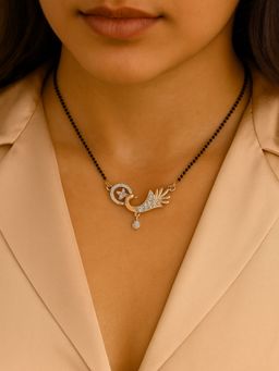 I Jewels - Traditional Single Line Peacock Design Pendant Black Beads Chain Mangalsutra