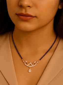I Jewels - Traditional Single Line Pendant With Black Bead Chain Mangalsutra With Earrings