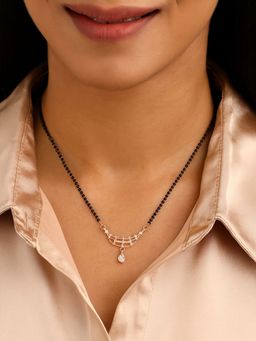 I Jewels - Traditional Single Line Pendant With Black Bead Chain Mangalsutra With Earrings
