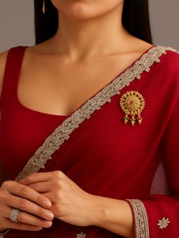 I Jewels - Kundan Studded and Hanging Beads Gold-Toned Floral Design Saree Brooch