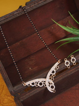 I Jewels - Rose Gold-Plated American Diamond-Studded And Beaded Mangalsutra Set