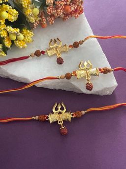 Digital Dress Room - Unique Rudraksha Rakhi Trishul Chandan Beads Mauli Thread Rakhi (Pack of 3)