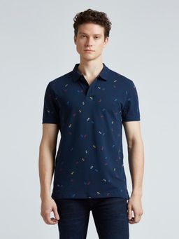 Pepe Jeans - Navy Blue Typographic Print Polo Collar Short Sleeves T-Shirt