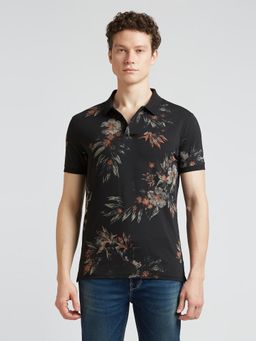 Pepe Jeans - Black Floral Print Polo Collar Short Sleeves T-Shirt
