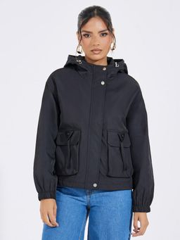 Styli - Women Black Regular Length Pocket Detail Utility Bomber Jacket
