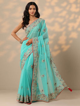Libas - Turquoise Embroidered Zari Work Saree with Unstitched Blouse