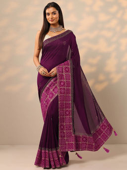 Libas - Stone Work Bandhani Border Saree with Unstitched Blouse