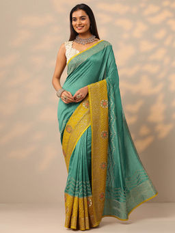 Libas - Turquoise Embellished Zari Work Saree with Unstitched Blouse
