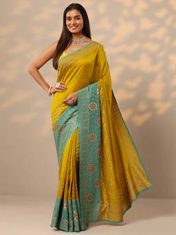Libas - Mustard Embellished Zari Work Saree with Unstitched Blouse