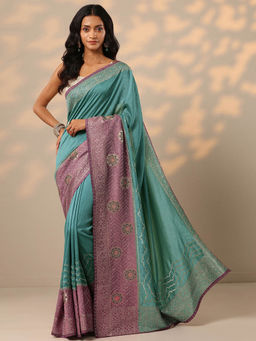 Libas - Turquoise Embellished Zari Work Saree with Unstitched Blouse