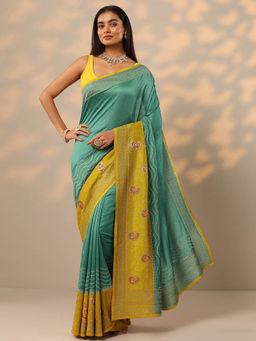 Libas - Turquoise Embellished Zari Work Saree with Unstitched Blouse
