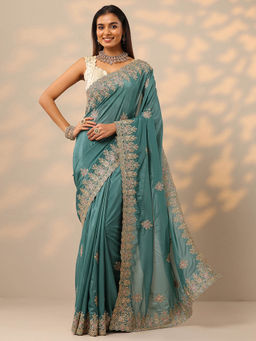 Libas - Blue Embroidered Stone Work Saree with Unstitched Blouse