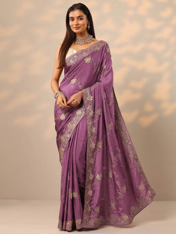 Libas - Mauve Embroidered Zari Work Saree with Unstitched Blouse