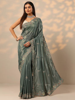 Libas - Green Embroidered Sequence Work Saree with Unstitched Blouse