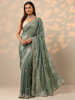 Libas - Green Embroidered Sequence Work Saree with Unstitched Blouse