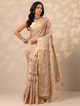 Libas - Beige Printed Woven Design Border Saree with Unstitched Blouse