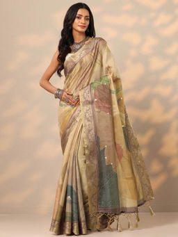 Libas - Tan Printed Woven Design Border Saree with Unstitched Blouse